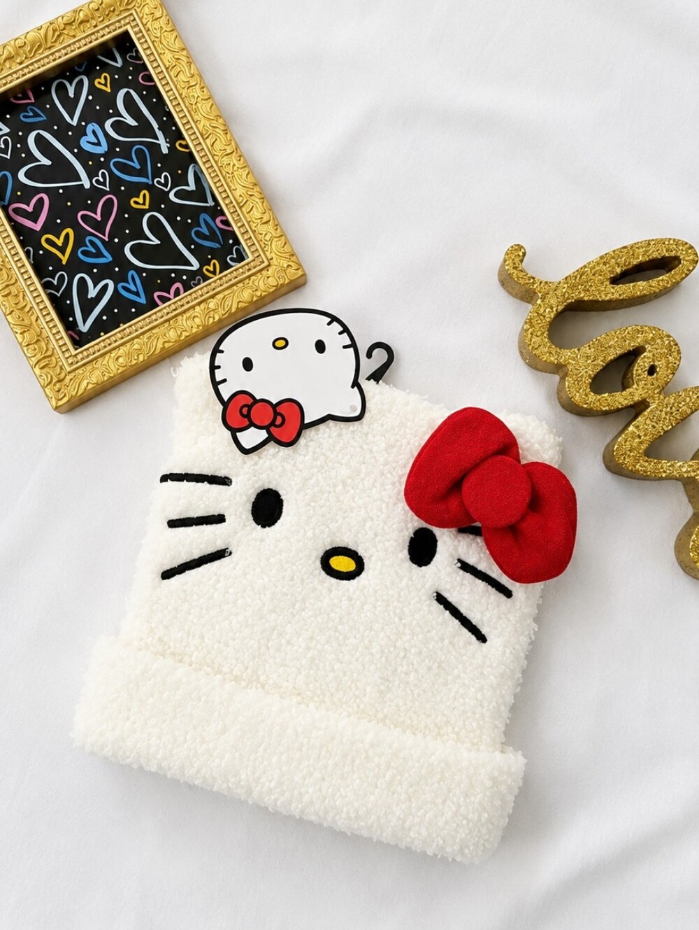 NWT Sanrio Hello Kitty White Fuzzy Plush Beanie Red Bow 3D Ears Kawaii Sz 8.5" W - Picture 2 of 7